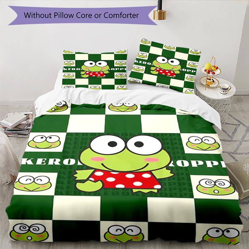 3pcs Sanrio KEROKERO KEROPPI1 Design Cover Set - HD Printed Bedding with 1 Cover and 2 Pillowcases - Perfect for Home and Dorm Decor