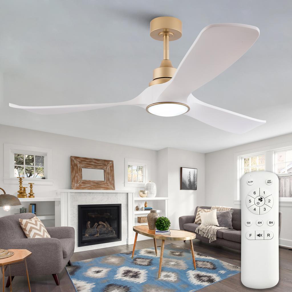 52-inch white-gold ceiling fan with light and remote control, memory function, quiet reversible DC motor, 3 ABS blades, for bedroom
