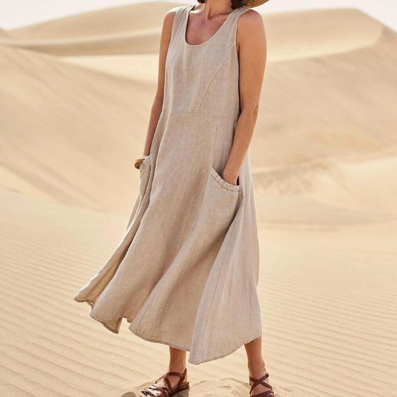 Summertime Pocket Sleeveless Round Neck Women Cotton and Linen Dress