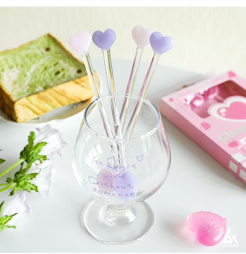 Colorful Glass Jade Spoon Set, Heat-Resistant Borosilicate Glass, 4-Piece, Pink Gift Box, Long Handle Round Stirring Spoons
