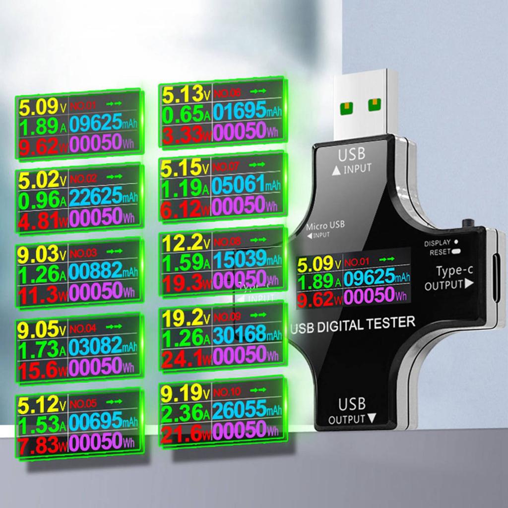 2-in-1-USB-C-Tester mit IPS-LCD-Farbdisplay, USB-Voltmeter, Amperemeter, Strom- und Spannungsmesser sowie Bluetooth-Verbindung und App-Anbindung