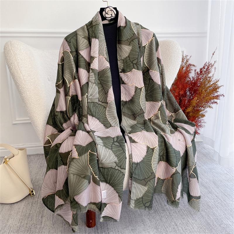 Autumn Travel Warm Cashmere Shawl Scarf Fashion Women Ginkgo Print Pashmina Blanket Wraps Female Cute Poncho Bufand