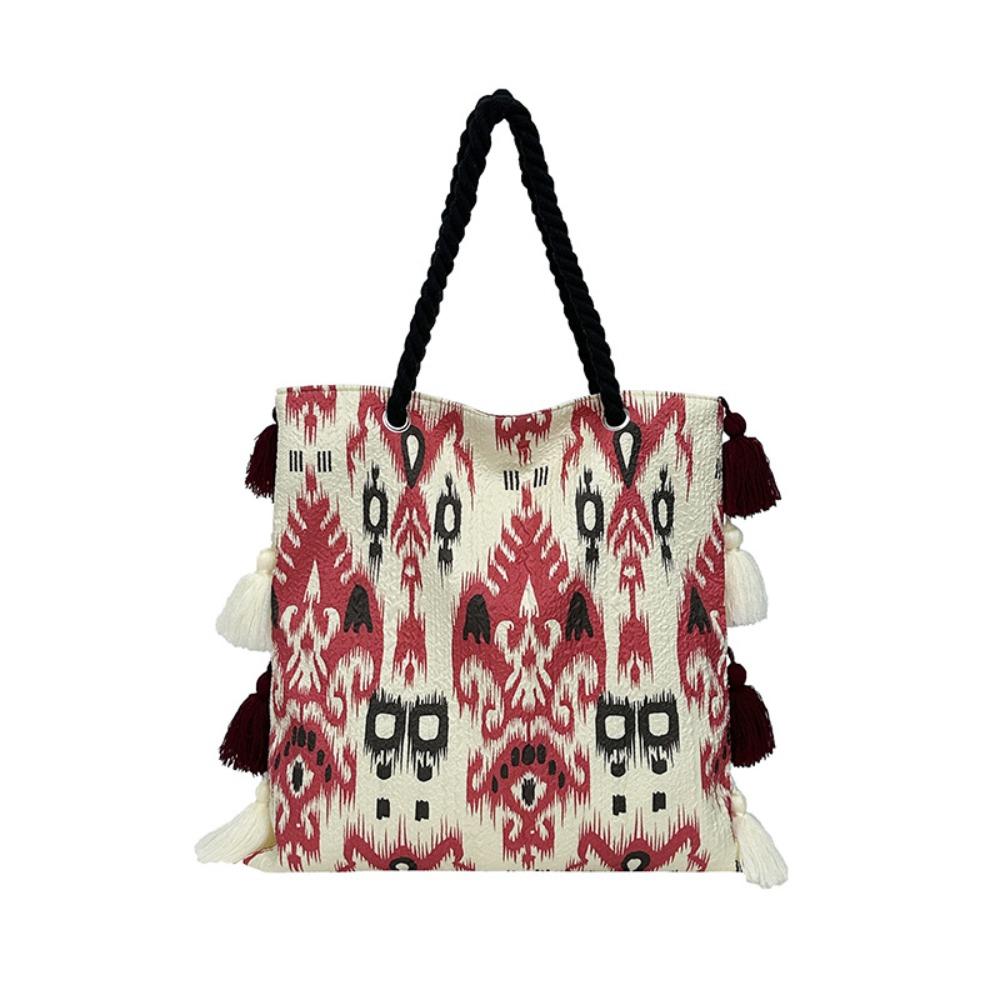 Casual Large Capacity Tassel Tote Bag Cloth Geometric Pattern Ethnic Style Shoulder Bag Drawstring Fringe Bohemian Handbag Girls