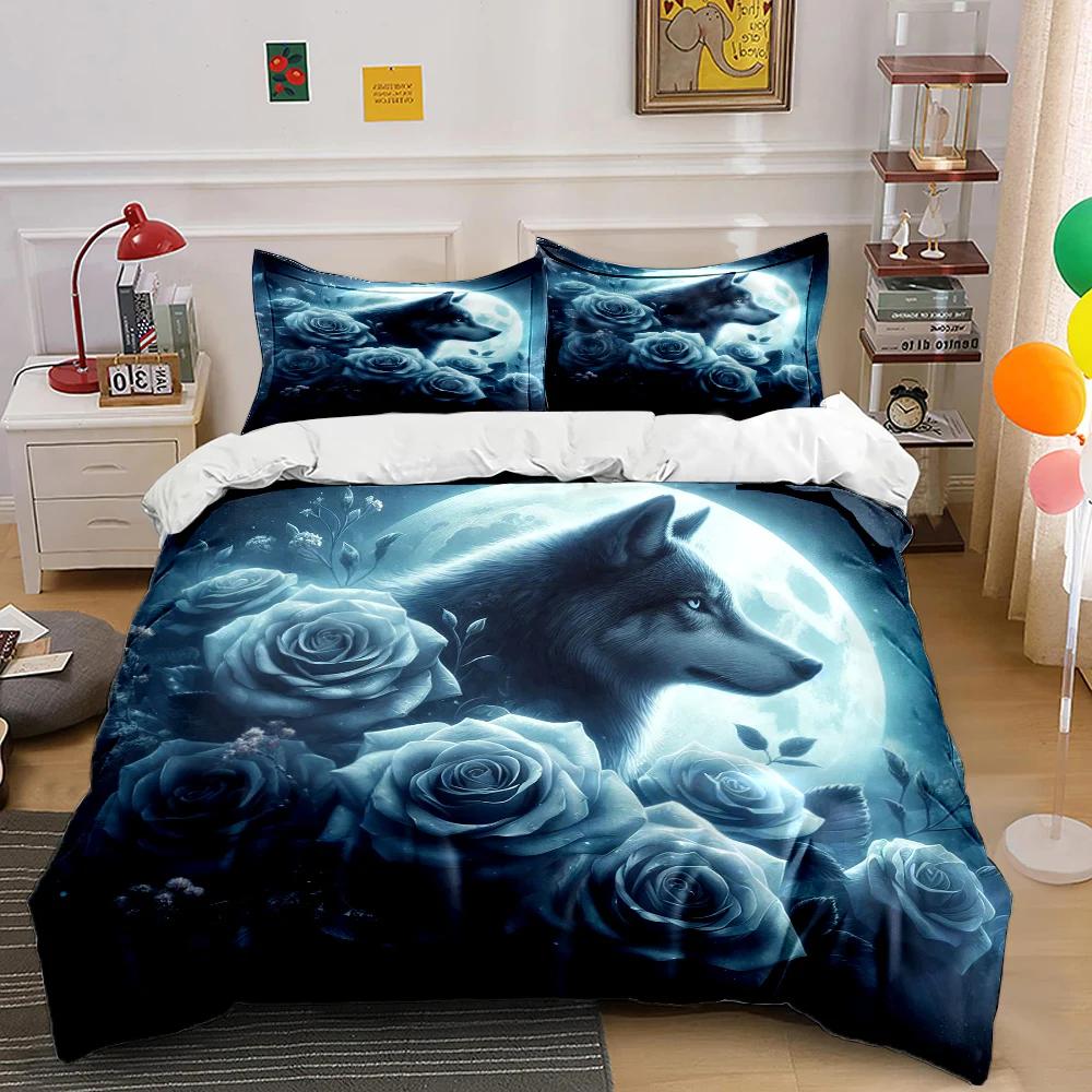 New Arrival! Wolf and Rose Print Bedding Set for Wolf Totem Lovers 1 Quilt Cover 2 Pillowcases Adult and Kids Bedding Set Gifts