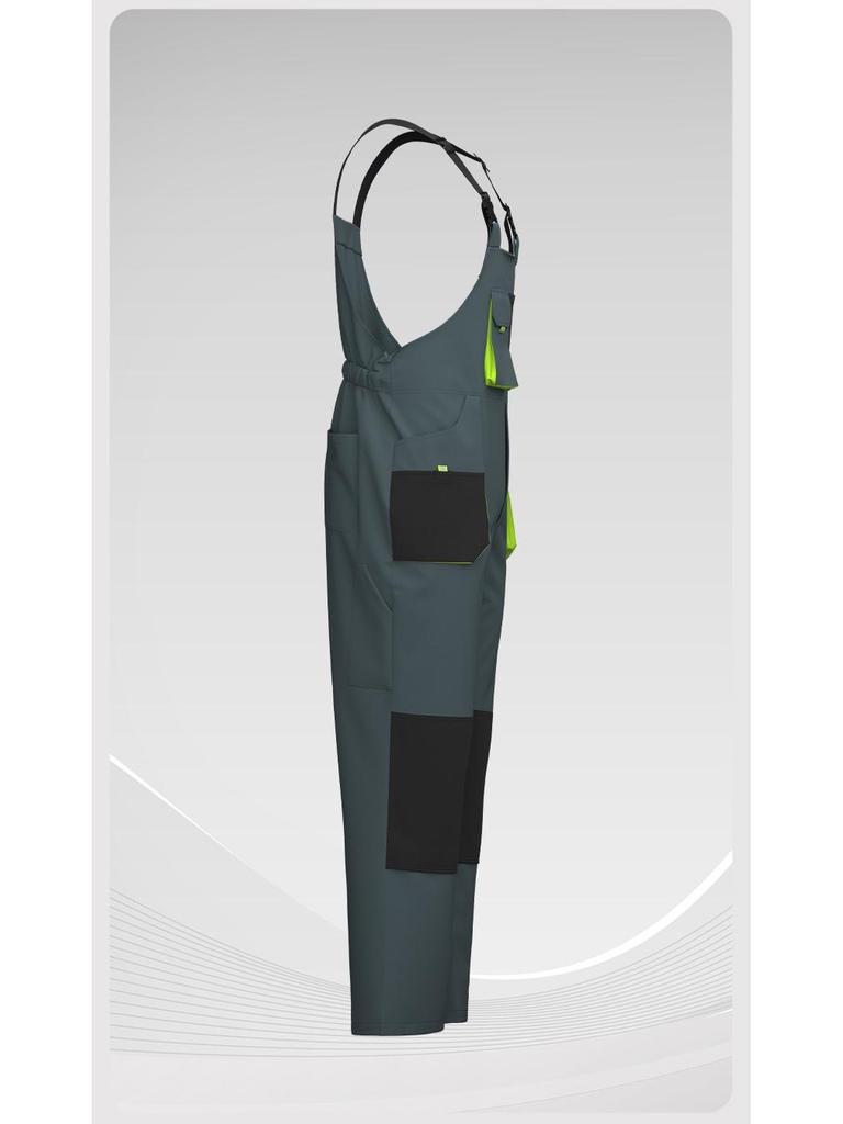 Cross-Border 3D Color-Block Multi-Pocket Hooded Strap Overalls for Labor Protection
