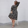 Women Chic A Line Dress High Waist Slim Fit V Neck Long Sleeve Printed Lace Up New Autumn Winter XL 5XL