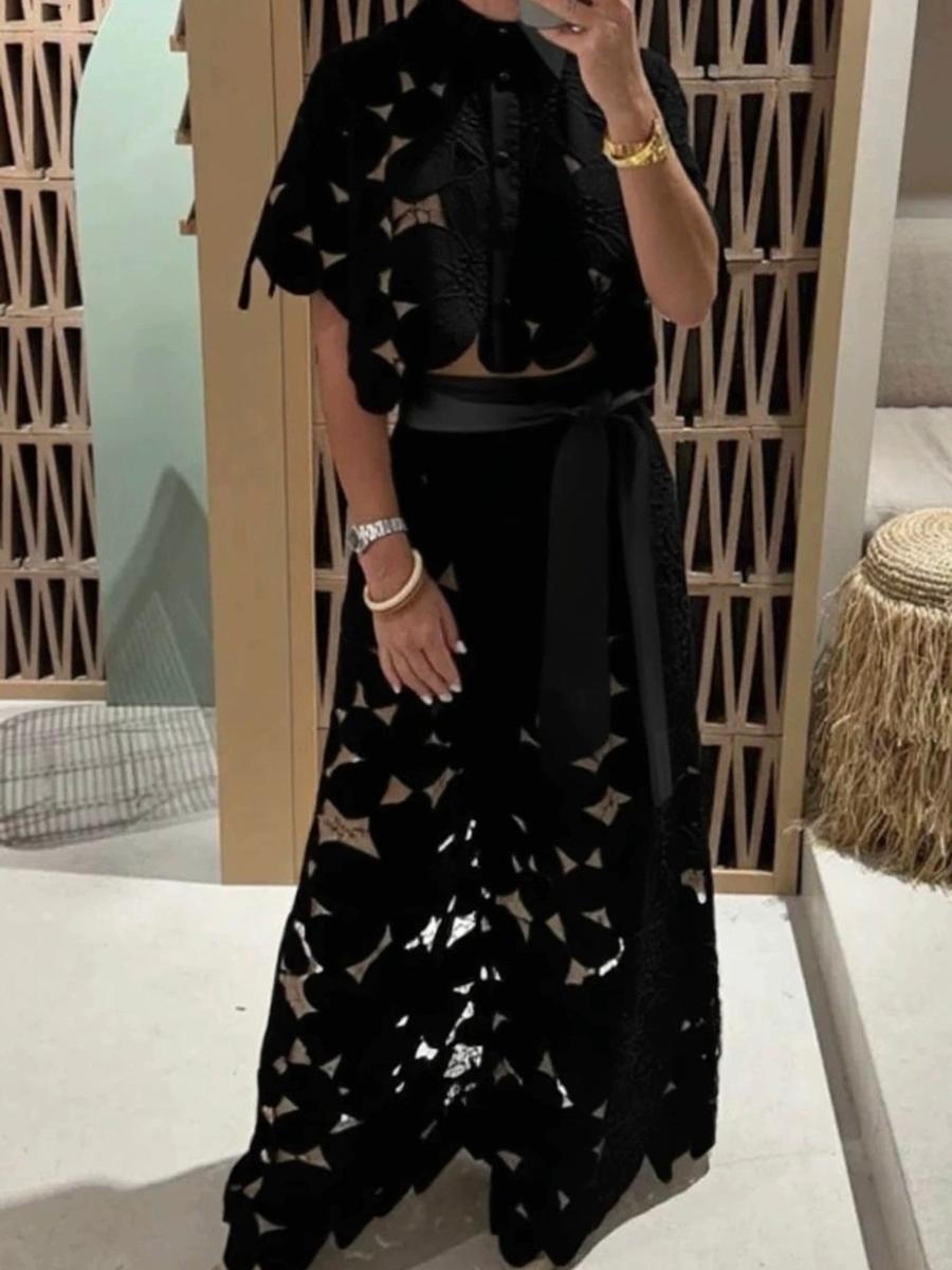

Summer Newest Solid Sexy Hollow Out Open-Knee Cardigan Top Wide Leg Pants Set Women XXXL