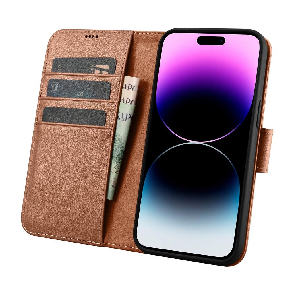 2in1 Leder Flip Case iPhone 14 Pro Anti-RFID Wallet Case Braun