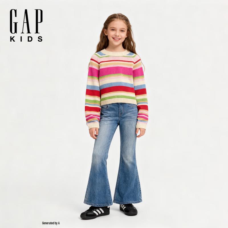 GAP Girls' 2025 Winter Colorful Striped Round Neck Knit Sweater