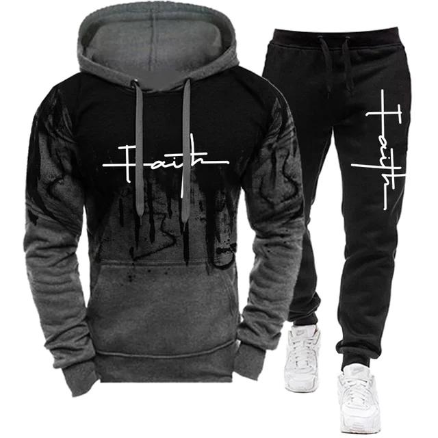Fashion Faith Print Autumn Men's Casual Tracksuit Men Sweatshirts and Sweatpants Two Pieces Sets Sportswear Plus Size Customized