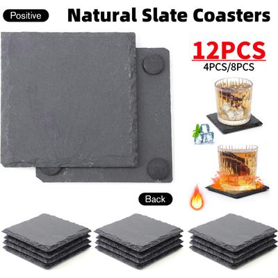 4-12PCS Reusable Natural Stone Coasters Stone Coasters Reusable Drink Antiskid Coaster Eco-Friendly Slate Drink Coaster