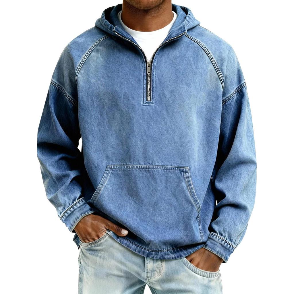 2026 European Men's Denim Jacket with Hooded Sweatshirt, Spring/Autumn Short Zipper Design
