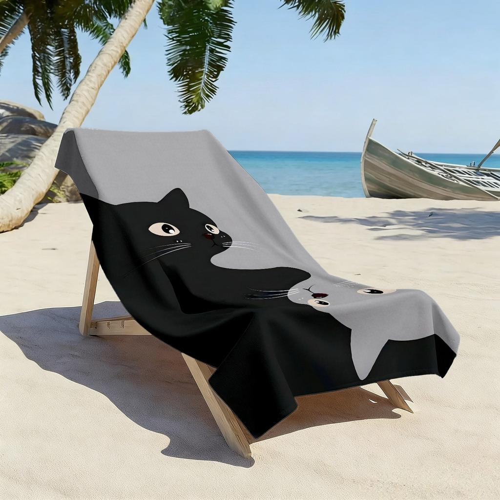 Minimalistisches Katzen Strandtuch, Schwarz-Weiß Katzen Silhouette Druck Übergröße Badetuch, Weich Schnelltrocknend Katzenliebhaber Sommer Stranddecke
