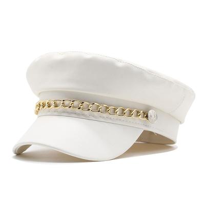 Women'S Pure Pu Leather Metal Chain Button Navy Hat Seasonal Windproof Warm Women'S Cap