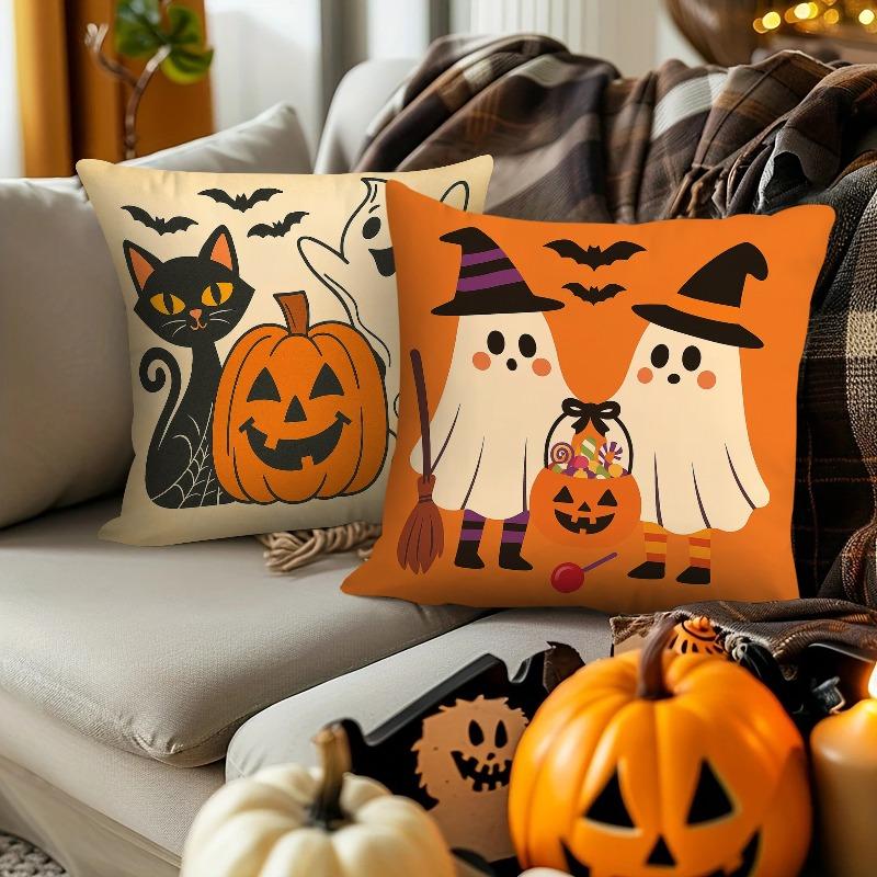 4pcs Halloween Pillow Covers with Printed Patterns of Cats, Bats & Ghosts, Soft Comfortable Square Throw Cover for Living Room Sofa Bedroom Car Office