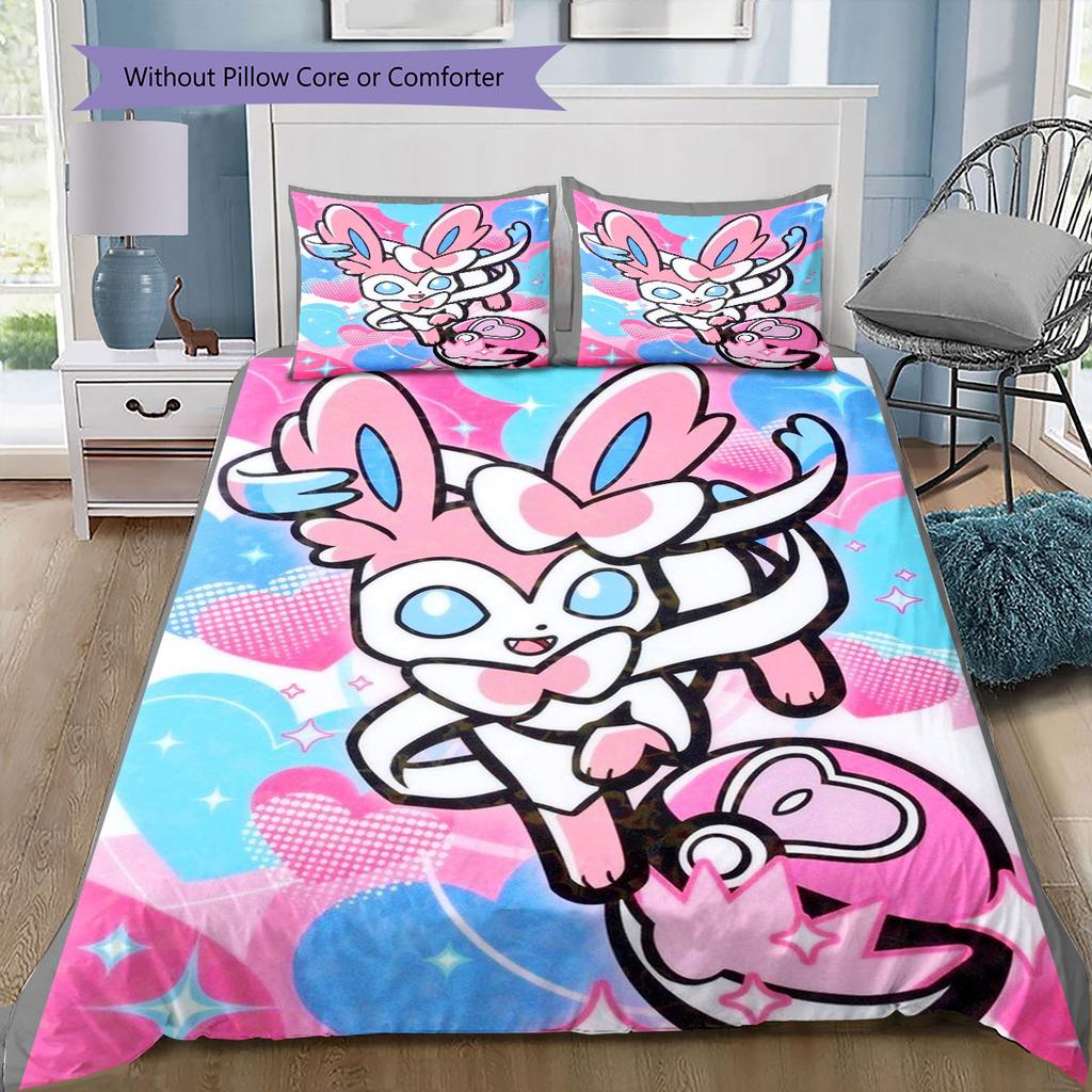 Sweet Sylveon Print Bedding Set 3Pcs Duvet Cover Pillow Shams Bedroom Decor for Anime Lovers