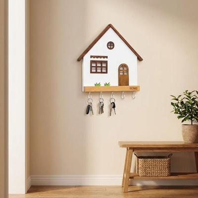 Art Design Wooden Wall Mount Key Holder House Shape Multi-Purpose Key Rack 5-Hook Design Rustic Decorative Hooks Home Decoration