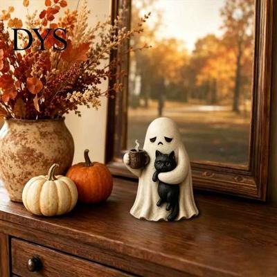 Ghost Holding Cat Statue Meh Mood Figurine, Cute Black Vintage Statue, Halloween Tabletop Ornament for Home Office Decor Resin