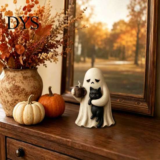 Ghost Holding Cat Statue Meh Mood Figurine, Cute Black Vintage Statue, Halloween Tabletop Ornament for Home Office Decor Resin