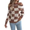 Neues Damen-Sweatshirt für Herbst/Winter: Lässiger Schulterfreier Strickpullover mit Kontrastfarbe, Karomuster und Laternenärmeln
