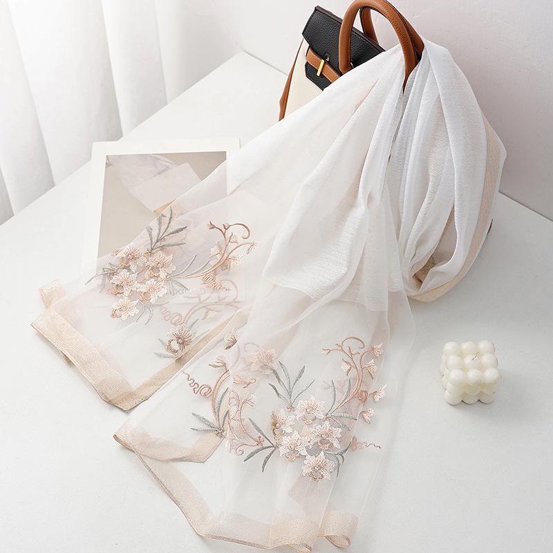 Four Season silk wool scarf women hijab pashmina shawls wrap Bandana Blanket Floral Pashmina Embroidery Scarves Foulard