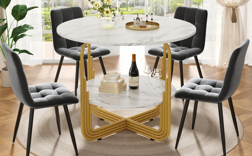 Round Dining Table (80×80×76cm), Coffee Table for 4 People, Small Plate in the Middle for Storage, Suitable for Dining Room, MDF Marble Tabletop