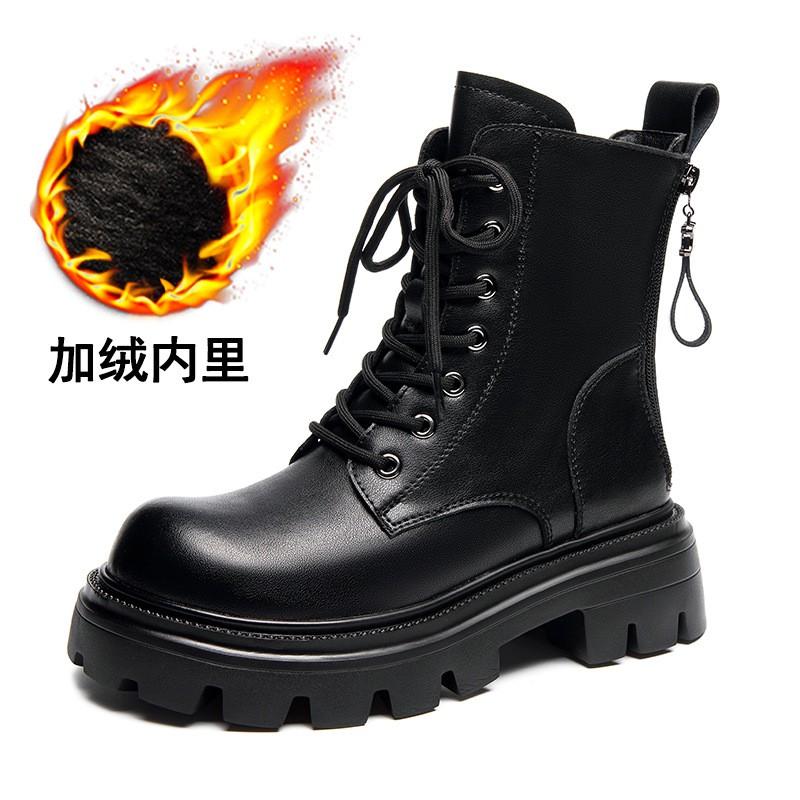 Womens Chunky Sole Chelsea Boots With Zipper Back Lace-Up Front Classic British Style Ankle Winter
