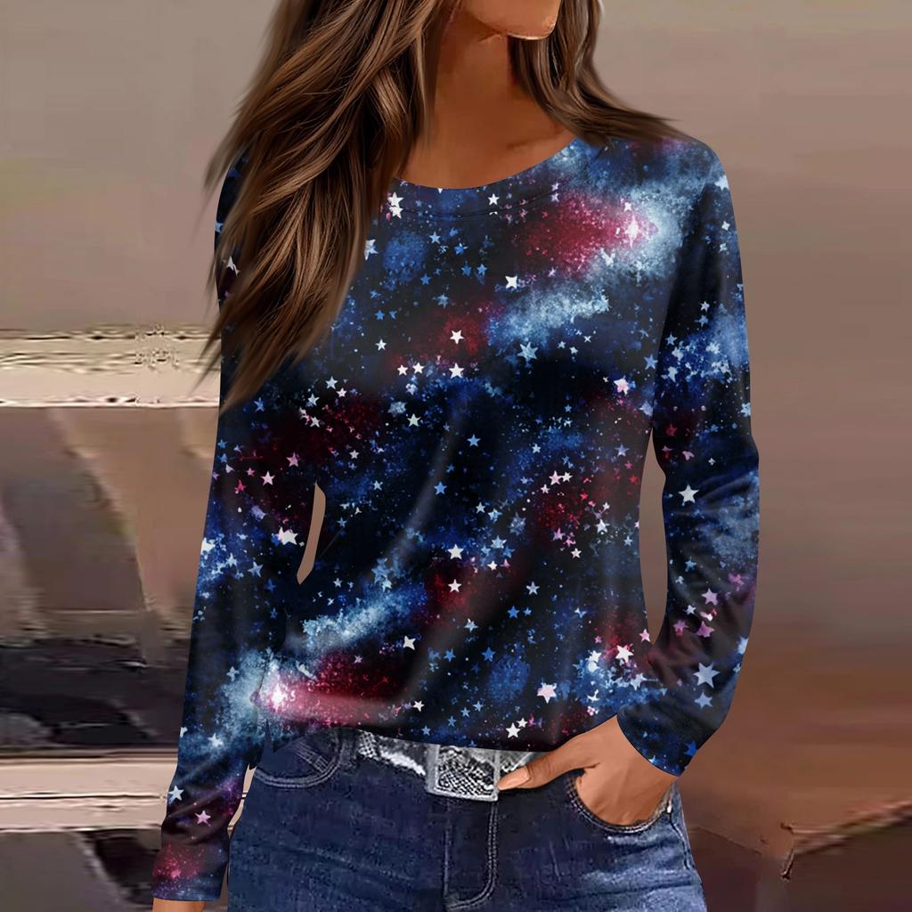 Women's Fashion Casual Slit Hem Round Neck Long Sleeve Loose Printed T-Shirt Ladies Top