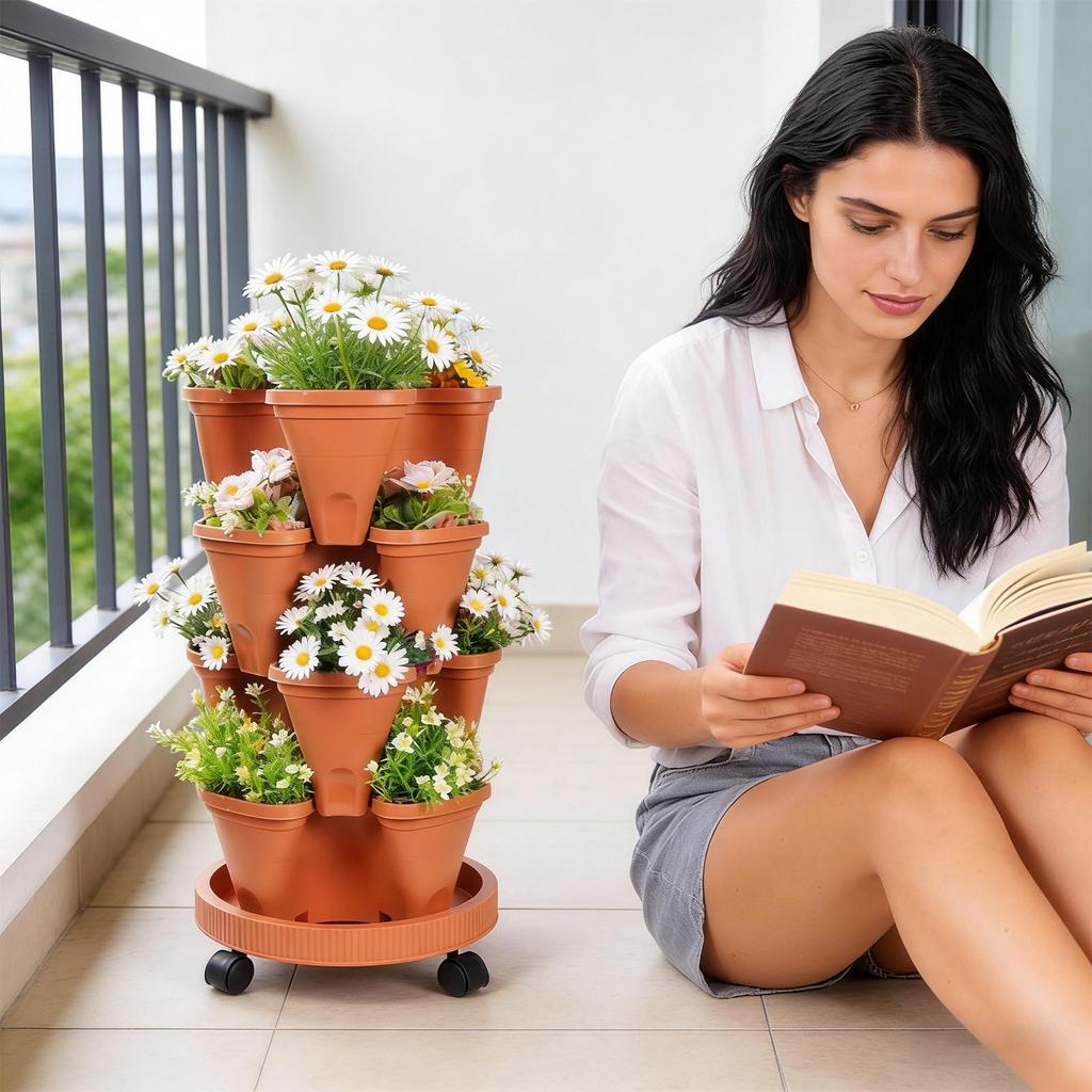 Plastic Stackable Vertical Flower Pot Multi-layer Garden Planter Tower with Movable Casters for Strawberry Vegetable Frame Grow