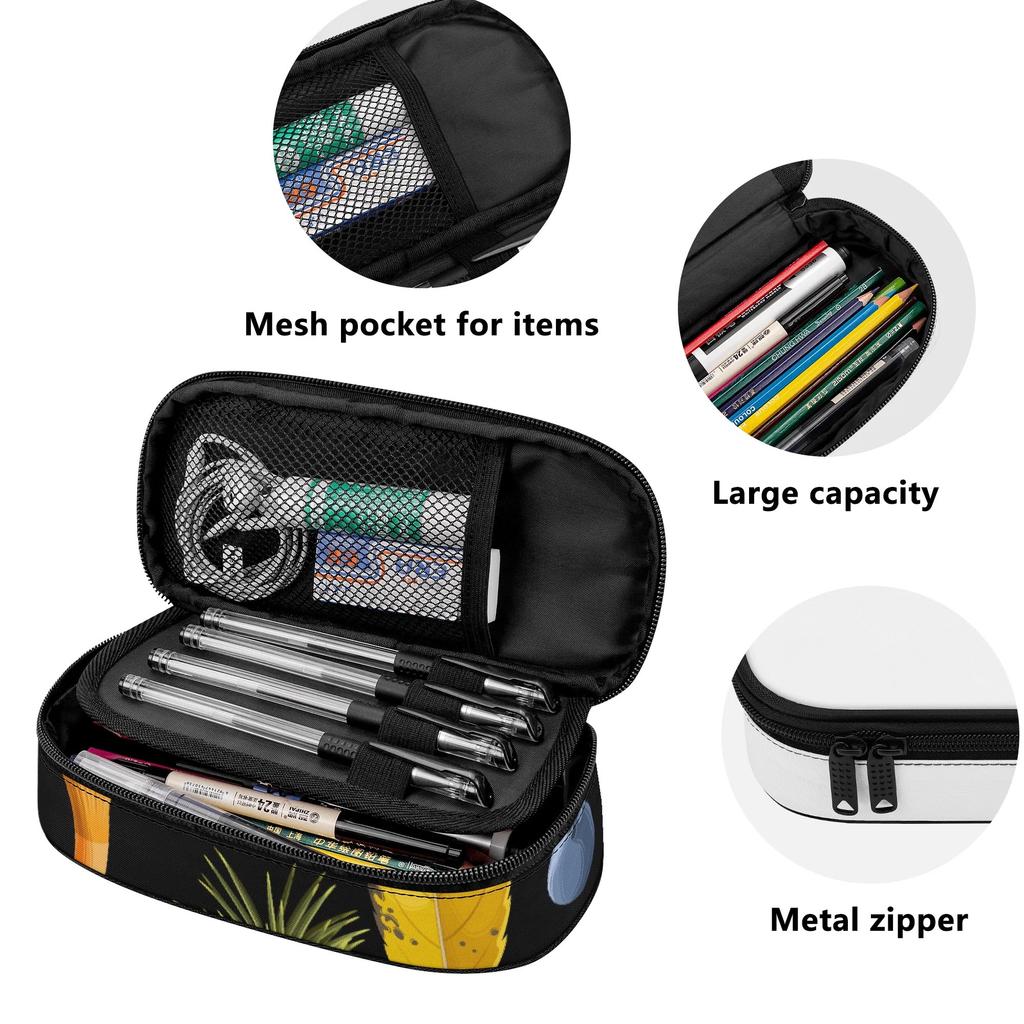 Stationery Pencil Case Printed 300D Polyester Zip Around Closure with Main Compartment Mesh Pocket and Pen Slots for Students