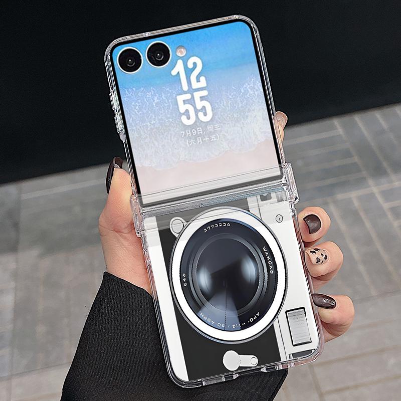 Vintage Camera Pattern Case For Samsung Galaxy Z Flip 8 7 FE 6 5 Z Flip8 Flip7 Flip6 Magnetic Clear Hard PC Folding Phone Cover