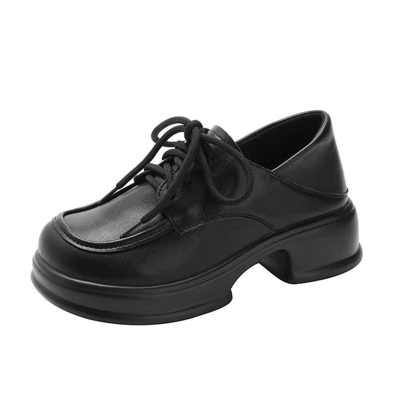 2025 Herbst Retro Schwarz Damen Square Toe Schnürschuhe Dicke Sohle Höhenverstärkend Britischer Stil Kleine Lederschuhe