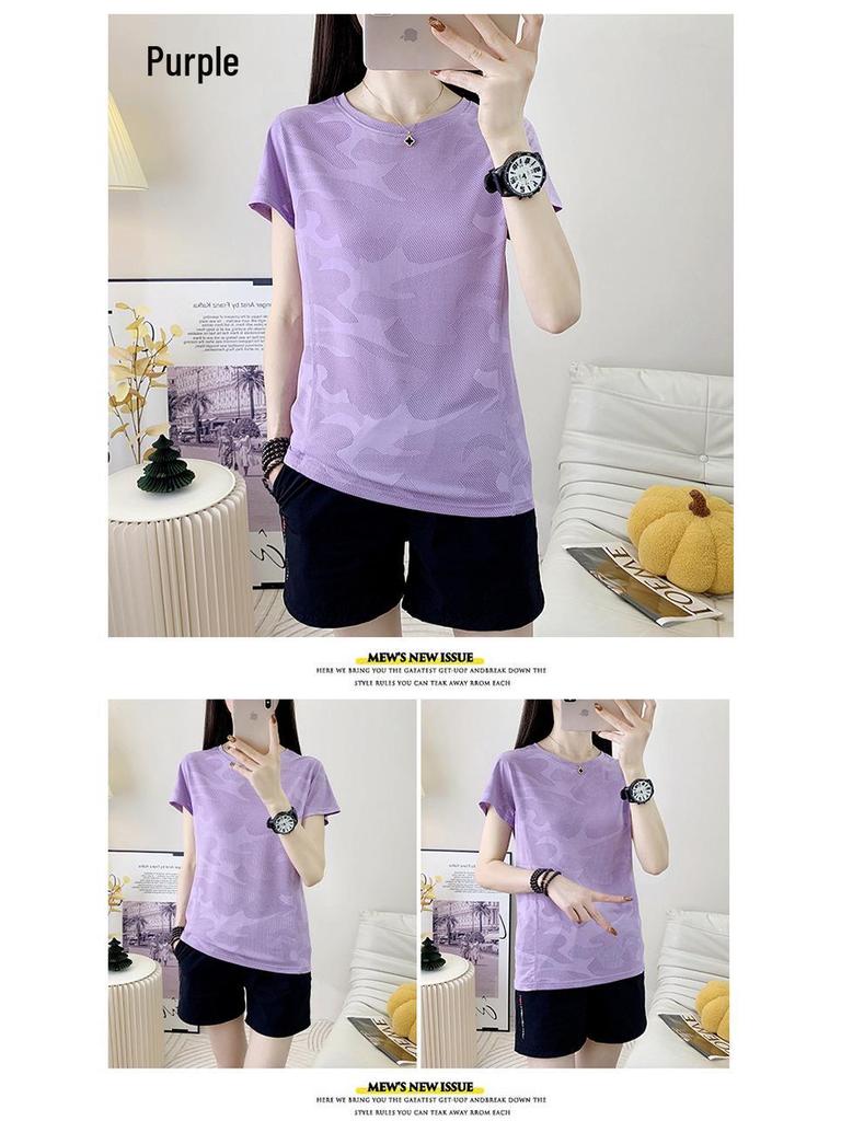 Women's Quick-Dry Camouflage Sports Set – Ice Silk Short Sleeve Top & Shorts
