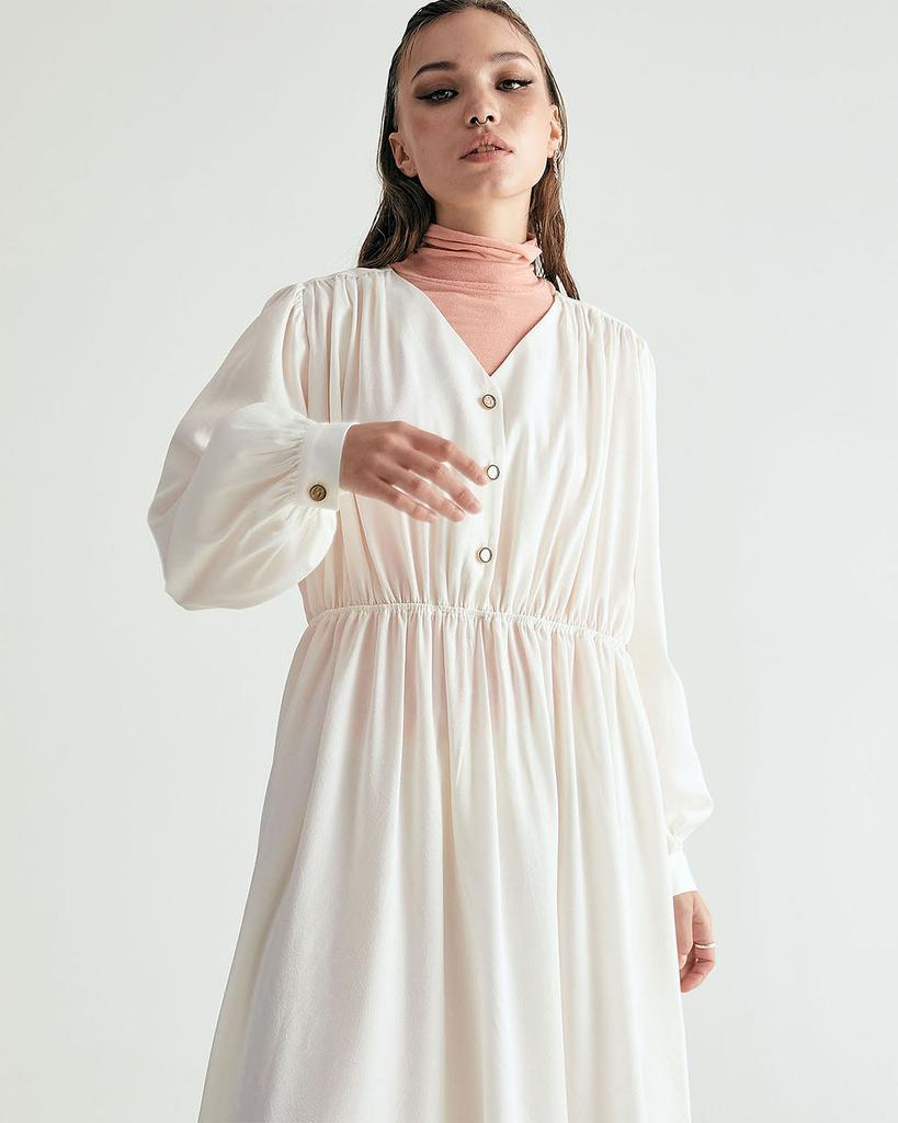 Salon De Seoul V-Neck Crease Shirred Dress - Ivory