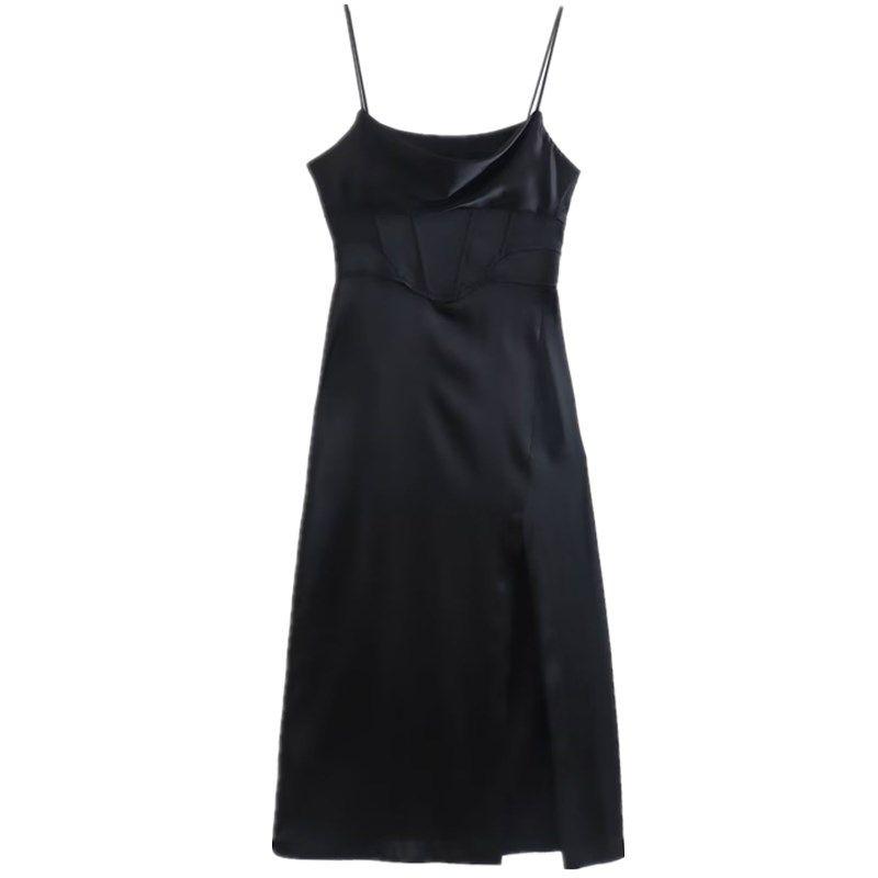 Ur Black Silk Satin Texture Tight Midi Skirt Dress