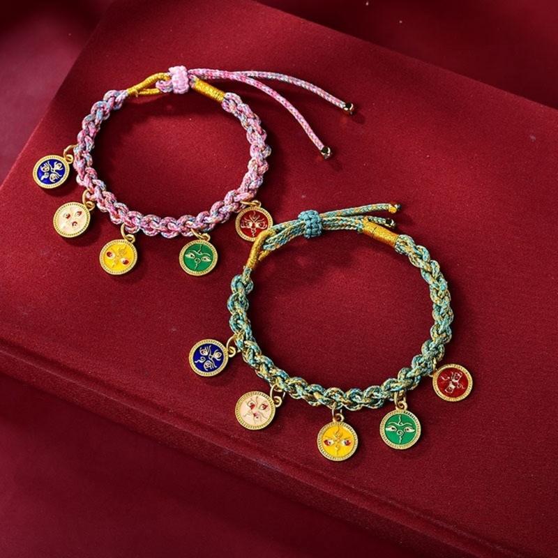 Handmade Tibetan Bracelet Colorful Five Way God of Wealth Bangle Adjustable Pulling Rope Wristchain for Women and Girls
