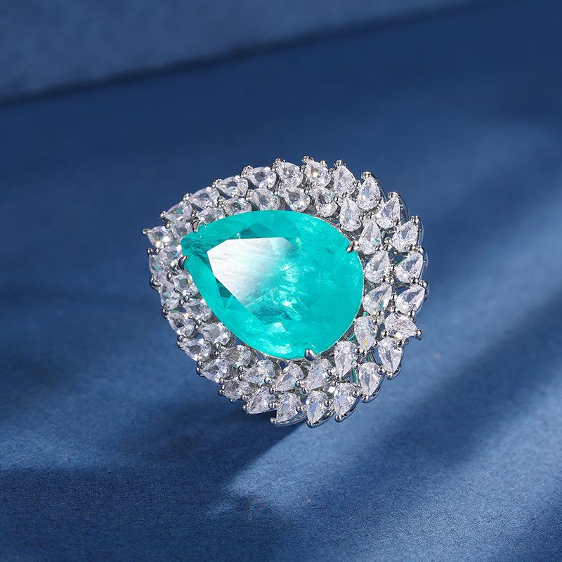 Jewelry Copper Bottom Gold-Plated Set Simulation Color Treasure Water Drop Diamond Pendant Ring Set 13 * 18