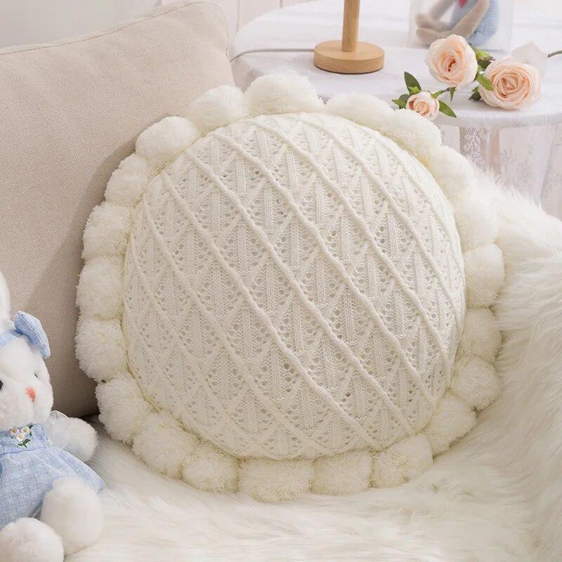 

Круглая декоративная подушка в стиле бохо, накидка на стул, подушка для сиденья, напольные подушки, помпоны ручной работы, вязаный коврик для пола, декор для садовой комнаты, бежевый 50x50cm бежевый