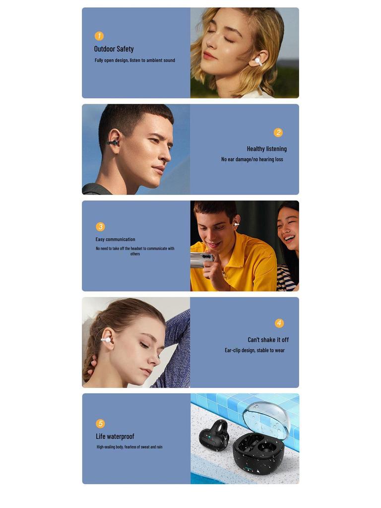 Wireless Bluetooth Earbuds, Non-In-Ear, Touch Control, Long Standby, Sport Ear Clip Style, Single Ear