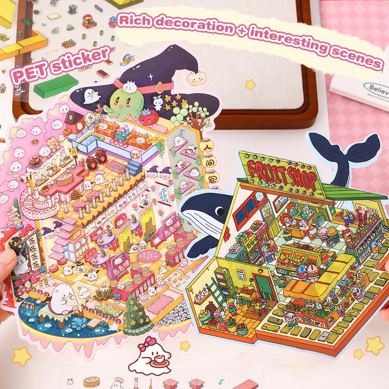 1Set Cartoon Cute Three-Dimensional Miniature Scene Landscaping Stickers Diy Pocket Cabin Scene Game Stickers Festival Gifts