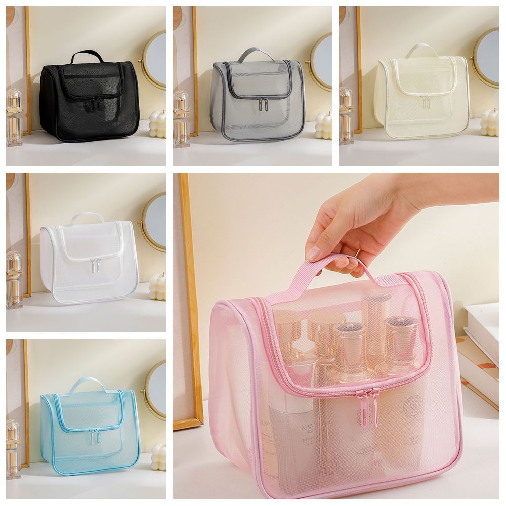 

Solid Color Transparent Makeup Bag Zipper Handheld Makeup Pouch Portable Mesh Cosmetic Bag Girls сірий