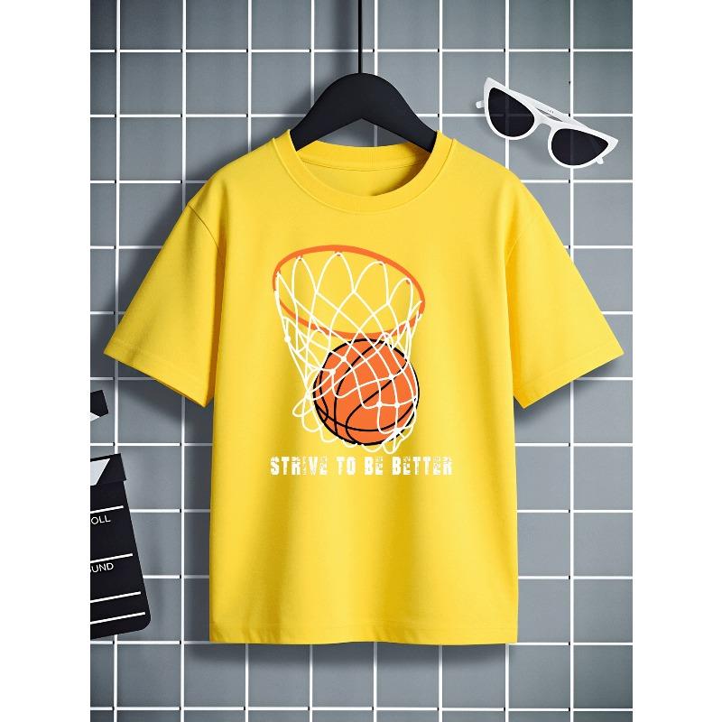 European Sizes Boys' T-Shirt Basketball Net with Ball And Motto, Ideal for Outdoor Activities, Soft Knitted Top, Comfortable And Breathable