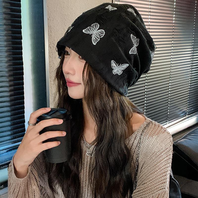 Niche Design Butterfly Pile Hat Female Hottie Wind Big Head Circumference Show Face Small Cold Hat Windproof Bag Head Confinement Hat