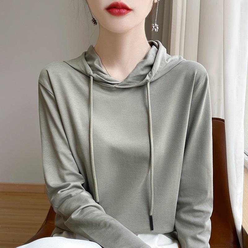 Women's Hooded Long Sleeve Sweatshirt Loose Fit Japanese Korean Casual Solid Color Cotton Spring Daily Versatile Layering Pullover Top