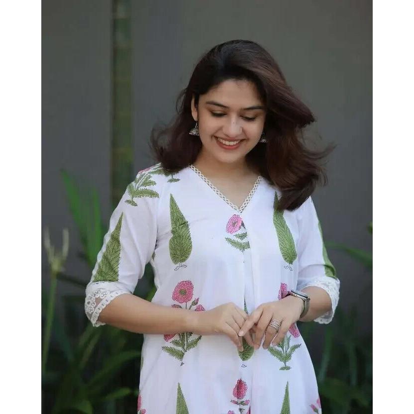Indian Designer Cotton Rayon Kurta Pant Set Women Party Wear Top Tunic Kurti VF-20160a