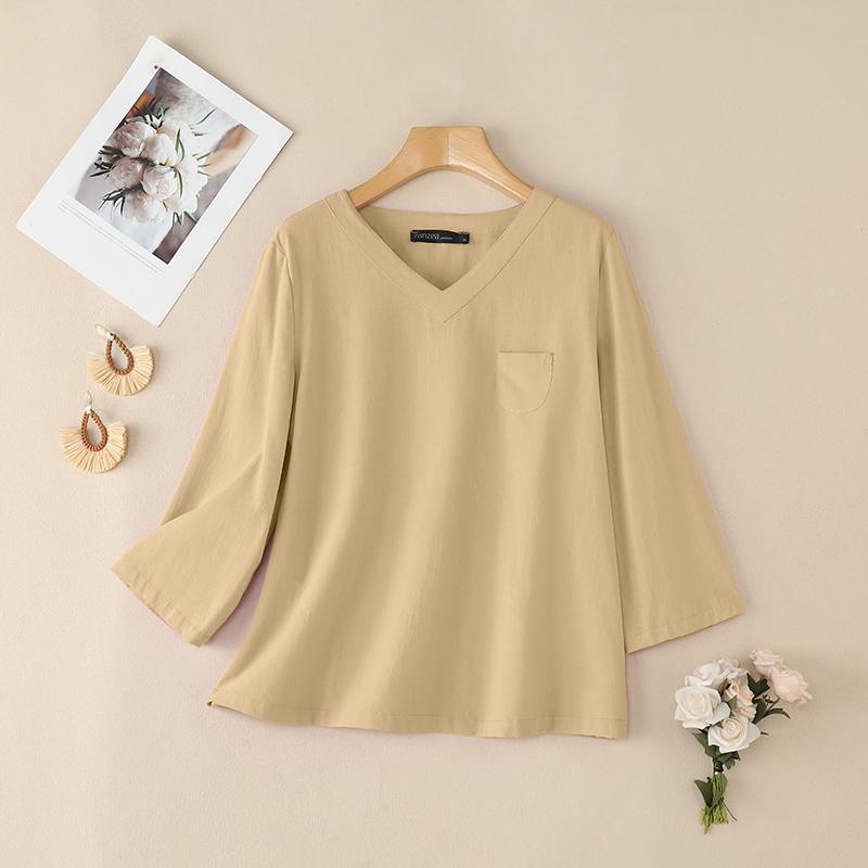 

ZANZEA Women Casual V-Neck Loose 3/4 Sleeve Cotton Blouse S хакі