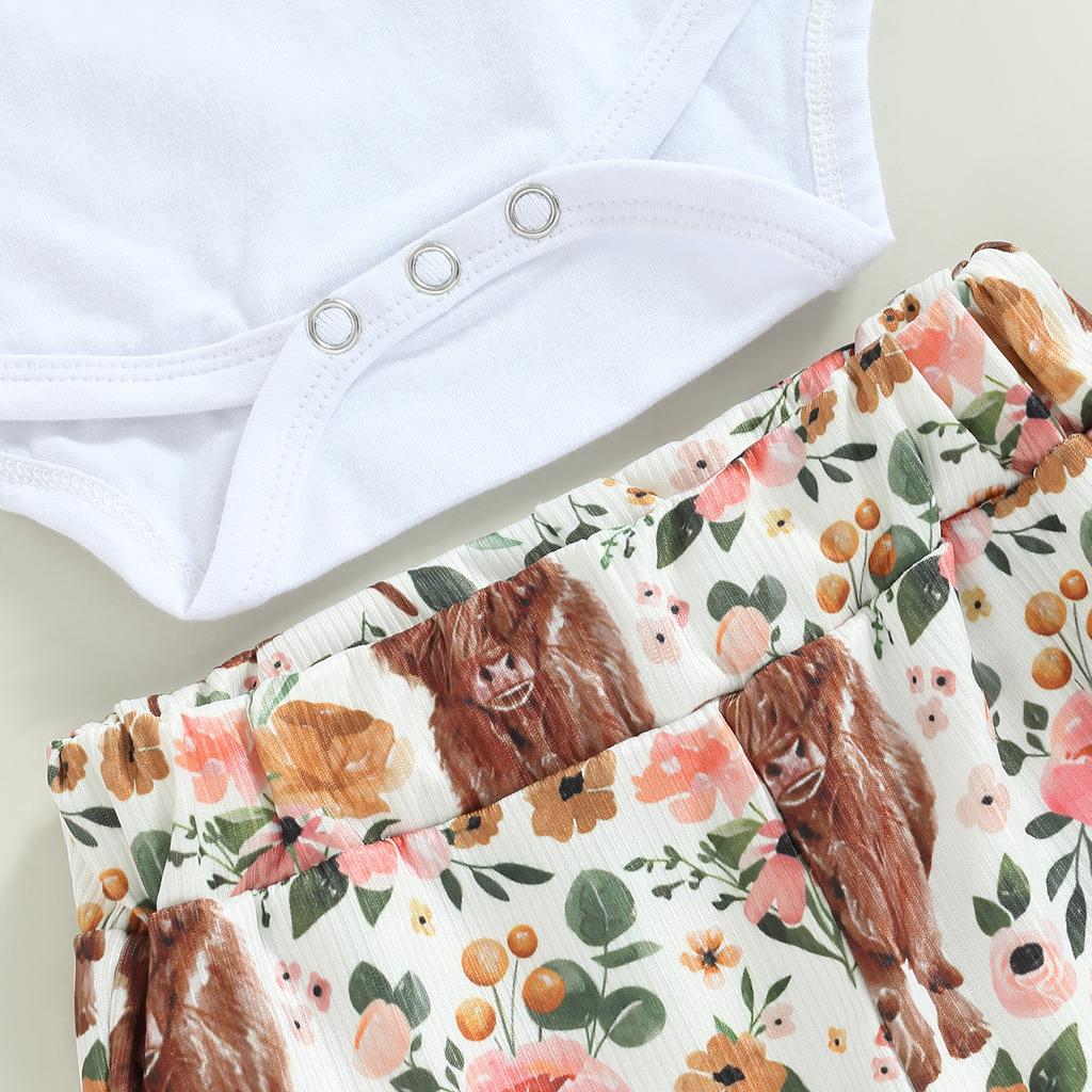 3-teiliges Baby Mädchen Frühlingsoutfit, Kurzarm-Strampler + Schlaghose mit floralem Kuhdruck + Stirnband-Set