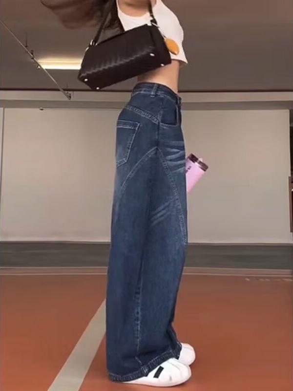 Women's American Retro Wash Denim Wide-Leg Floor-Length Pants