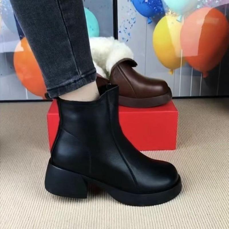 Leather Boots, Thick-heeled Waterproof Cotton Shoes, Women's Shoes