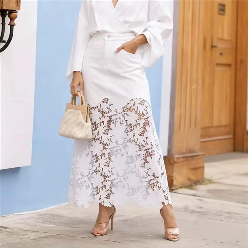 Sommer Sexy Damen Denim Spitze Ausgeschnitten Rock Vintage Unifarben Hohe Taille Schlanke Passform Temperament Rock Urlaub